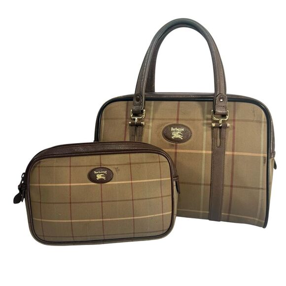 Burberry Boston 2 piece Handbag Set Brown Khaki Checkered Coated Canvas Vintage - Picture 1 of 12